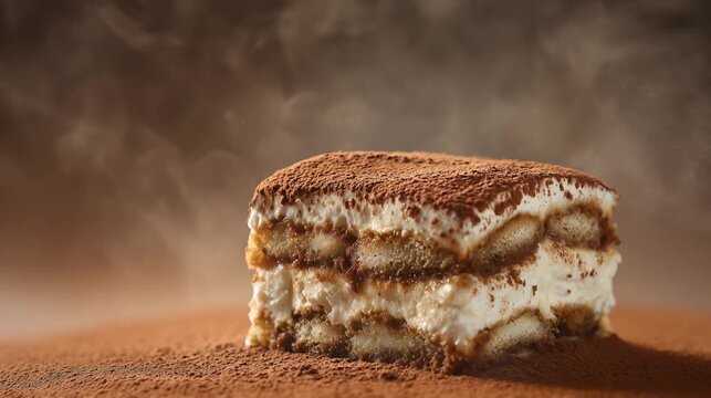 Cocoa powder sprinkling on a tiramisu cake