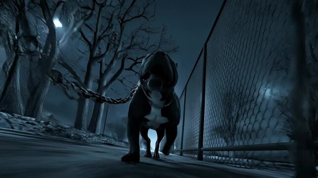 Powerful pitbull running on chain at night