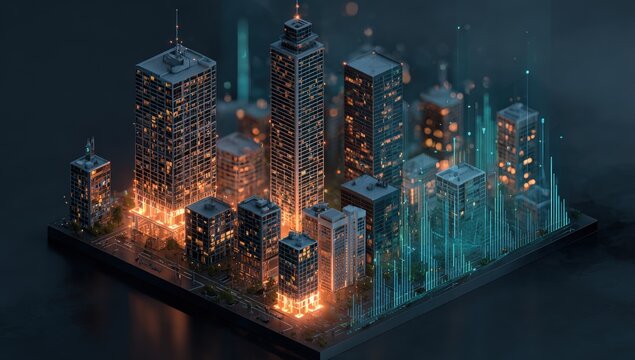 Digital city isometric view, illuminated buildings