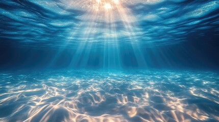 Naklejka premium Sunlight beams through tranquil, deep water, illuminating the sandy seabed.