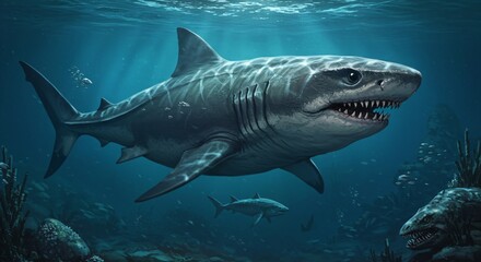 Fototapeta premium A large shark with its mouth open swimming under dark water. Marine predator in its natural habitat for wild animal nature.