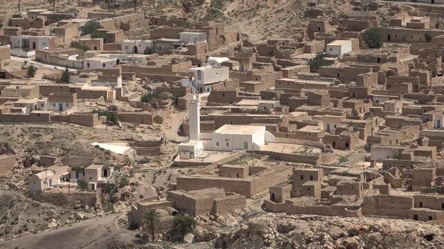 Village mosque and historic homes in Toujane town in the Matmata region in Tunisia
