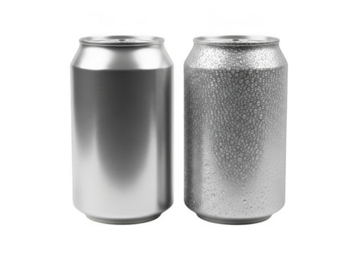 Two aluminum cans, one smooth and one textured, isolated on transparent background