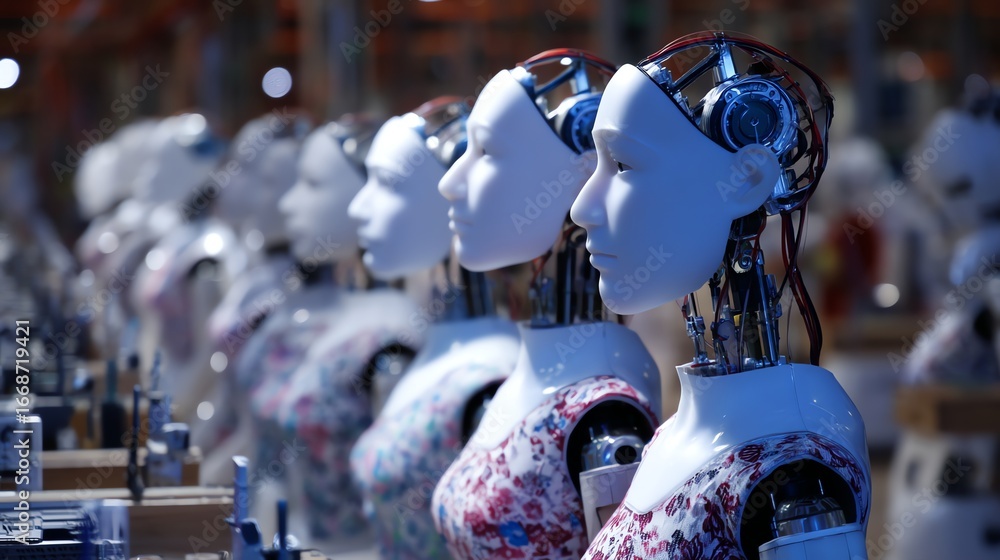 Poster row of humanoid robots in a factory setting