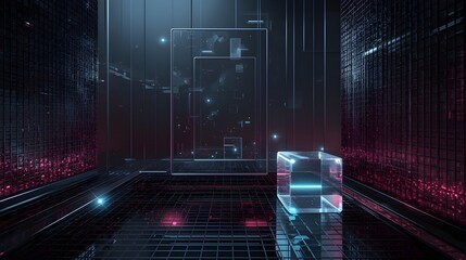 Cyber Abstract Background with Floating Holographic Panels, Neon Cyan and Magenta Lights, Metallic Mesh Grids, Futuristic Sci-Fi Tech Interface