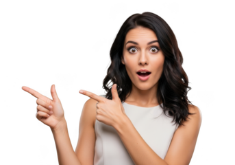 Surprised woman points left and right with wide eyes and open mouth expressing astonishment transparent background