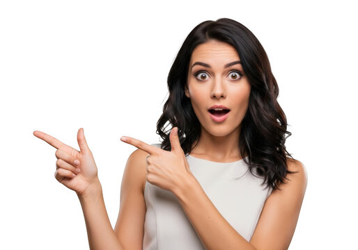 Surprised woman points left and right with wide eyes and open mouth expressing astonishment transparent background
