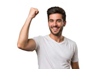 Joyful man in white shirt celebrating success with fist pump and big smile transparent background
