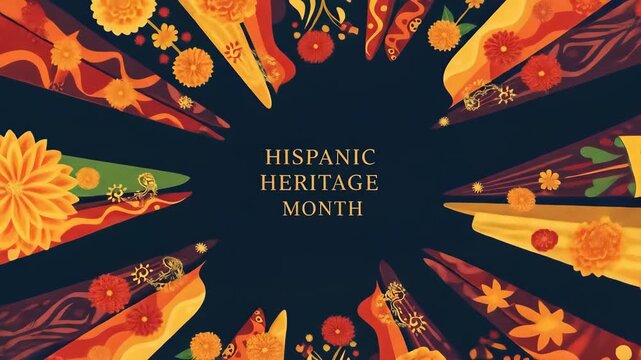 Vibrant floral frame design celebrating hispanic heritage month, showcasing traditional patterns and colors against a dark backdrop, perfect for cultural events and promotions