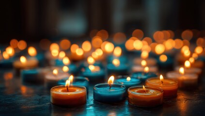 Many small candles, warm light, bokeh
