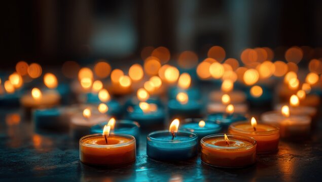 Many small candles, warm light, bokeh