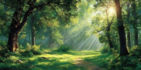 Naklejka premium Sunbeams through a lush forest