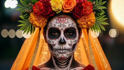 Closeup portrait of woman with sugar skull makeup and flower crown celebrating day of the dead, a mexican tradition hispanic heritage month