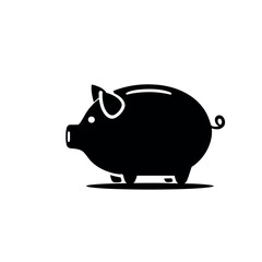 Illustration of a solid black piggy bank with a curly tail and small legs on a white background