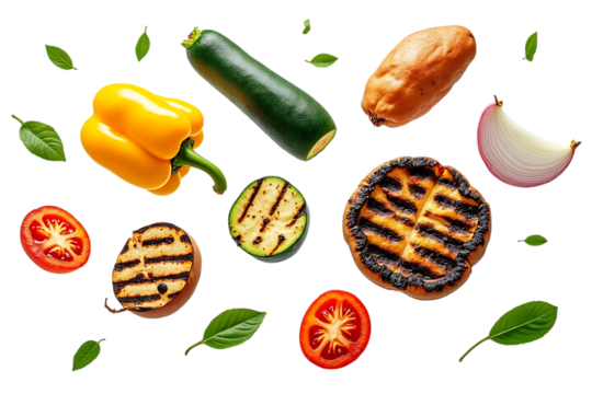  assortment of fresh vegetables and grilled food items isolated on transparent background