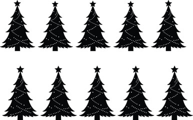 Decorated Christmas Tree Silhouette Pattern, Black Holiday Tree Icons with Star and Garland, Festive Winter Vector for Seasonal Design