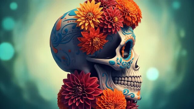 A sugar skull adorned with marigolds for the day of the dead celebration, a vibrant and colorful mexican tradition hispanic heritage month