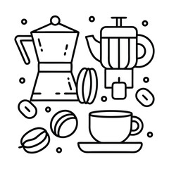 Minimalist line art illustration of coffee making essentials