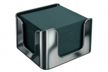 Sleek metal napkin holder with dark green napkins stacked inside, positioned against transparent backdrop, showcasing modern dining accessory