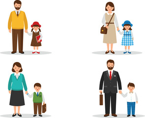 PrintCartoon adults and children standing together, school outfits, family bonding, holding hands, books, bags, daily routine, vector character design, parent-child interaction