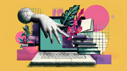 Trendy Halftone Collage Online education concept. Computer laptop with hand and floating books. News course, webinar. Smart thinking and brainstorming. Contemporary vector art illustration Stock