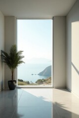 Modern Interior with Expansive Ocean View Through Large Window and Potted Plant