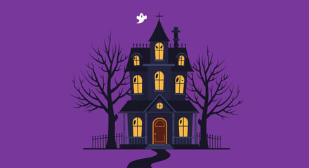 This Flat Design illustration features a charming, slightly spooky haunted house with friendly ghost-like windows and a welcoming front door. It's nestled amidst bare, artistic trees