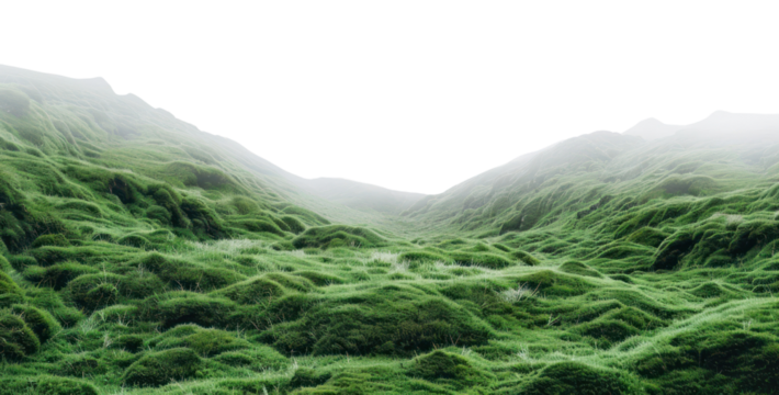 PNG Foggy valley with soft mossy ground landscape scenery nature.