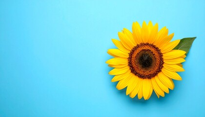 Obraz premium sunflower closeup on blue background, Bright yellow sunflower against a soft blue background highlighting nature's beauty and cheerful vibes