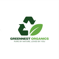 Green logo with recycle symbol and leaf for greennest organics brand identity on white background