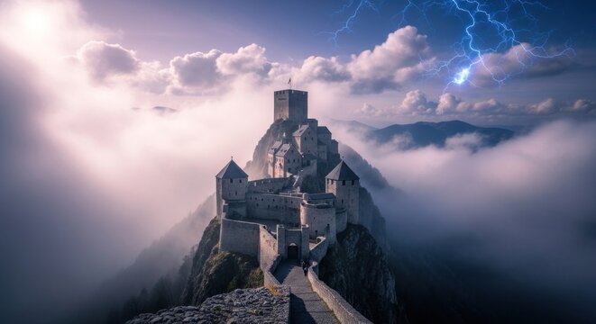Dramatic Lightning Strikes Over a Majestic Castle Perched Above a Sea of Clouds