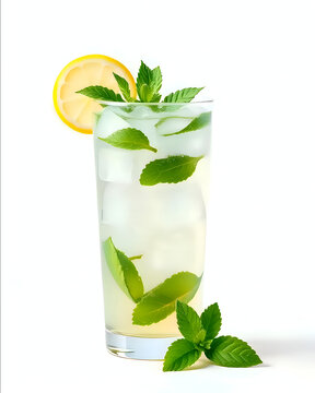 Glass of fresh lemonade with ice cubes and mint leaves on light background