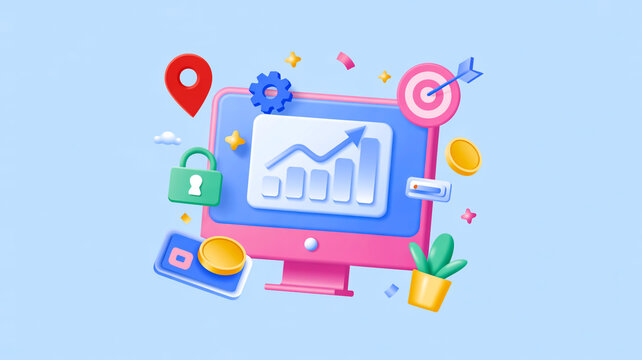 3D pink computer monitor shows blue-white screen with rising bar graph