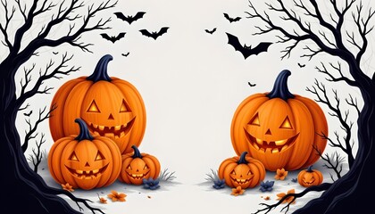 The image depicts a festive scene with orange gourds and silhouettes of flying mammals