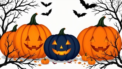 The scene is a festive display featuring a variety of carved pumpkins in different sizes and colors