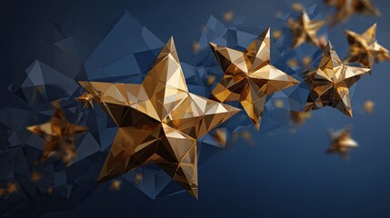 Obraz premium Abstract illustration of golden five stars, overview of floating chat bubbles in low poly style. Blue geometric background,