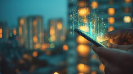 Close Up of a Hand Holding a Smartphone as Neon Data Streams Burst from the Screen over a Blurred Urban Nightscape