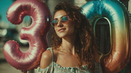 Celebrating a milestone birthday with vibrant balloons in a sunny outdoor setting