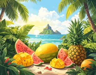 Frutas tropicais frescas &agrave; beira-mar com paisagem paradis&iacute;aca