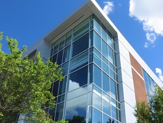 Looking Up at a Modern Building with Clean Lines and Minimalist Architecture, modern office building with blue sky