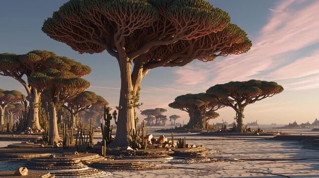 Breathtaking view of dragon blood trees in a serene desert landscape during sunset