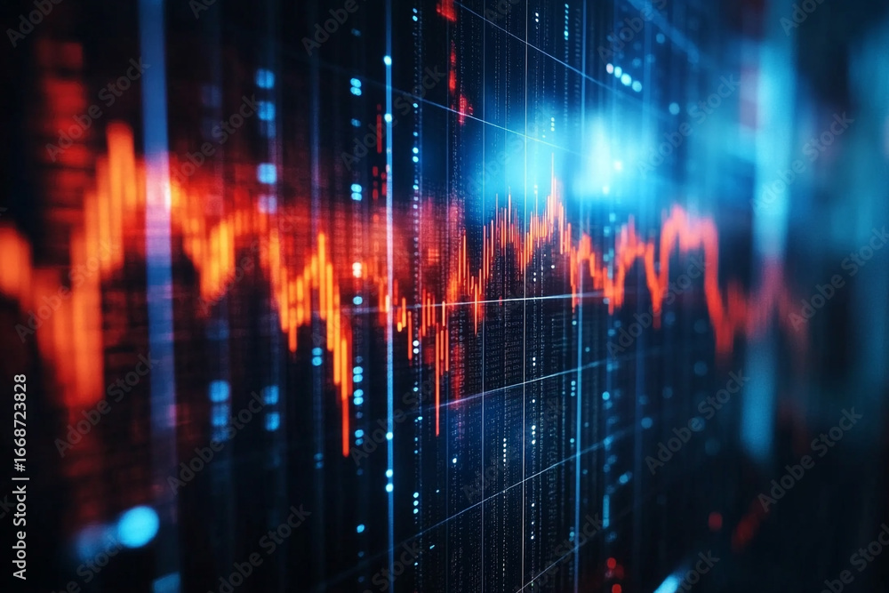 Poster dynamic data streams flow across a digital screen showing fluctuating red and blue lines indicating 