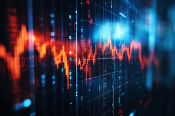 Dynamic data streams flow across a digital screen showing fluctuating red and blue lines indicating market trends