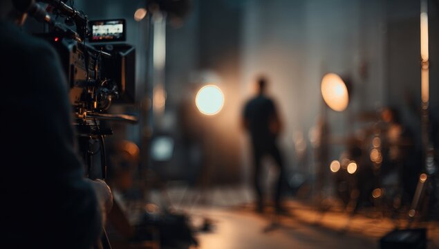 A blurry view of a filming set.  Focus on camera