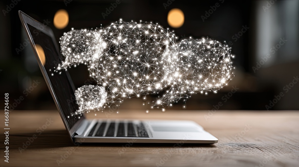 Fototapete digital speech bubbles and network lines floating on a laptop symbolizing online on a table backgrou