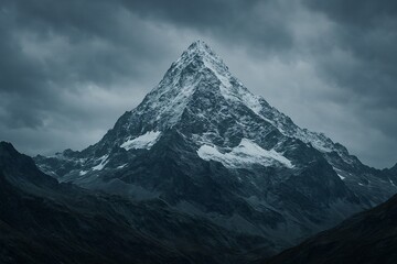 Snow covered mountain peak under stormy gray sky