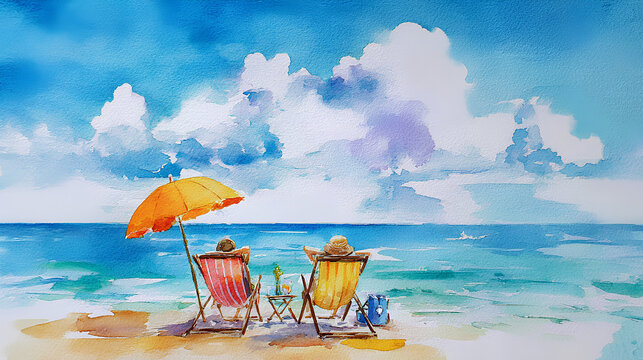Two People Relaxing by the Sea in a Vibrant Watercolor Painting