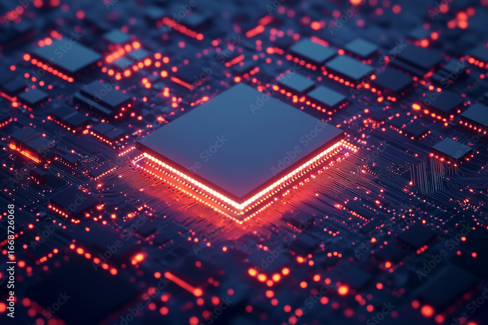 Poster illuminated central processing unit on a circuit board glowing red technology concept