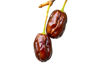  two ripe jujube fruits hanging from a branch, isolated on transparent background