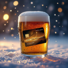 Refreshing winter beer with a credit card, glowing in snowy ambiance.